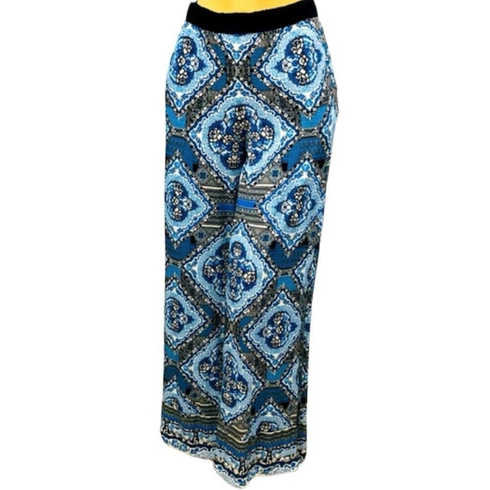 Blue Geometric Pattern Straight Leg Elastic Waistband Slit Palazzo Pants XS